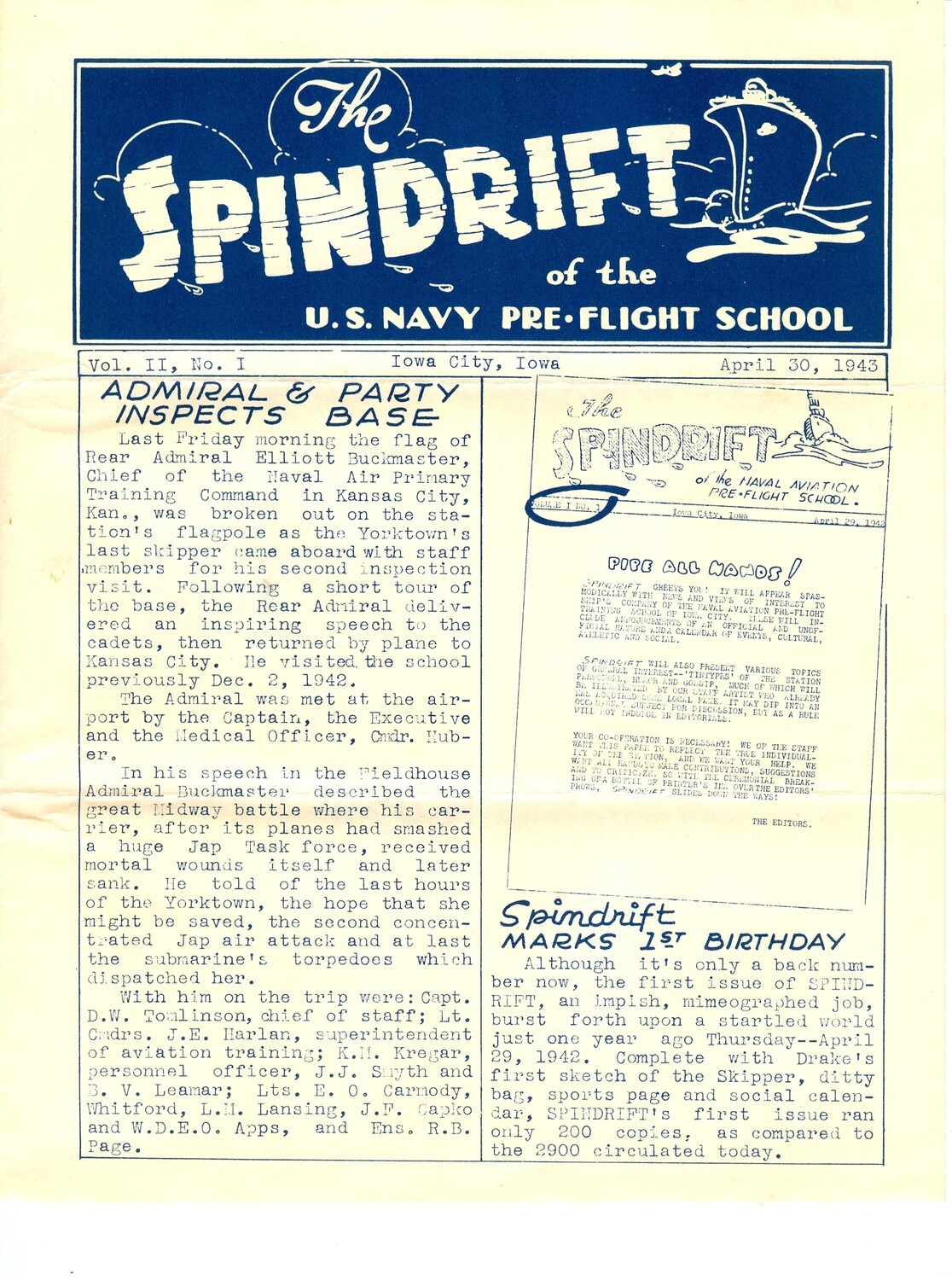 Spindrift v2 #1, 4/30/1943 Iowa City US Navy Pre-Flight School, Ted Drake &#39;toons
