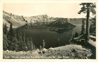 1930s Real Photo Postcard: Wizard Island, Crater Lake National Park, Oregon
