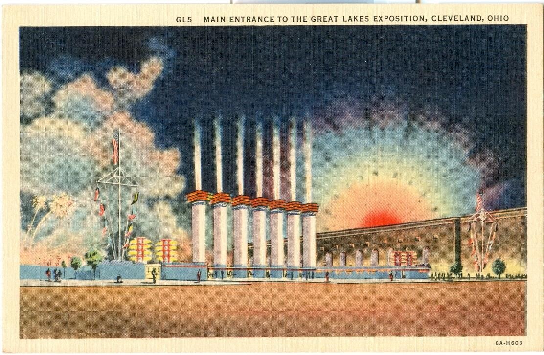 1936 LINEN postcard - GL5 - Main Entrance to the Great Lakes Exposition, Ohio