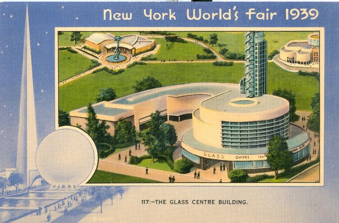 1939 LINEN postcard - 117 - The Glass Centre, New York World&#39;s Fair - Miller Art