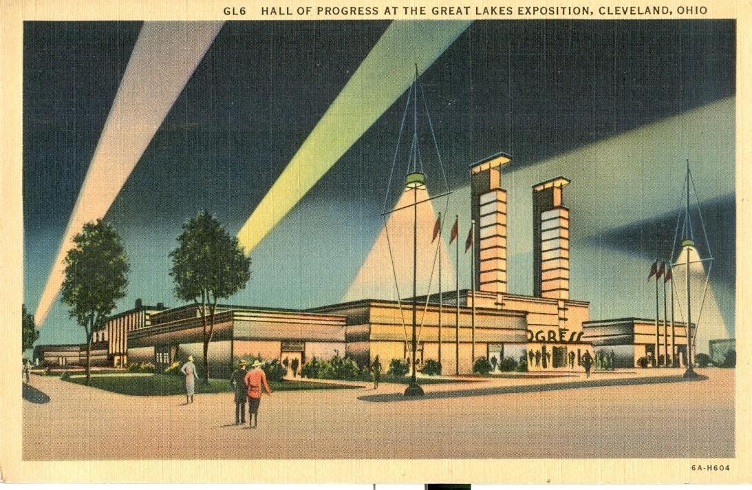 1936 LINEN postcard - GL6 - Hall of Progress at the Great Lakes Exposition, Ohio