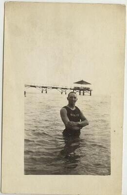 1920s - Man in the Ocean with a Pier in the background, Galveston?