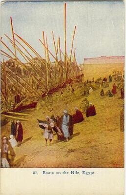 Boats on the Nile, Egypt, circa 1906  - color tinted postcard
