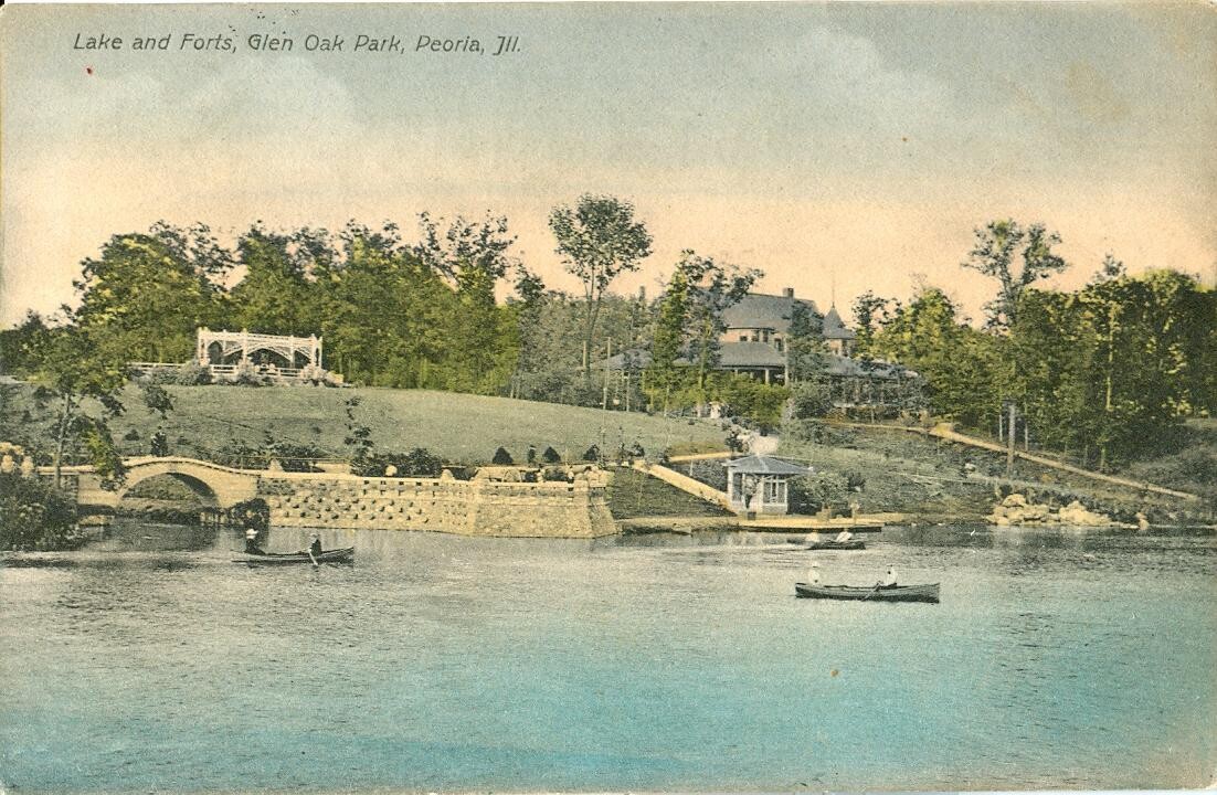 1908 LITHO: Lake and Forts, Glen Oak Park, Peoria, Illinois - postcard