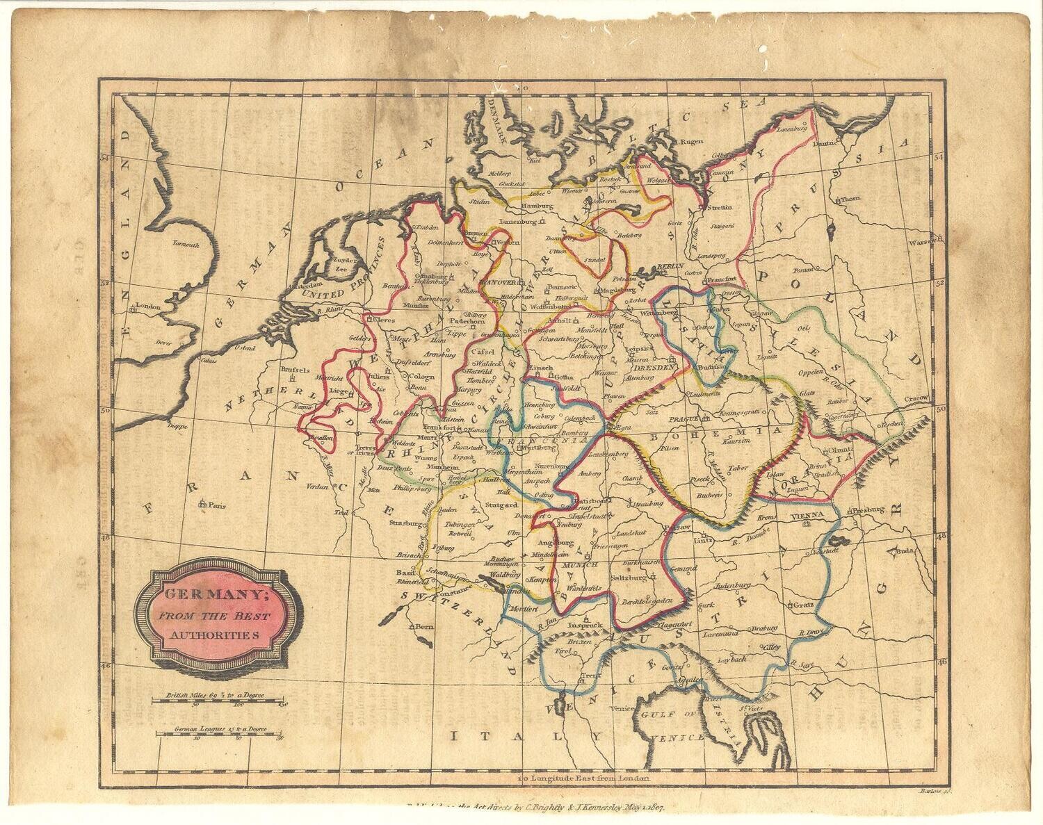 1807 map of Germany - C. Brightly &amp; E. Kinnersley original, over 200 year old!