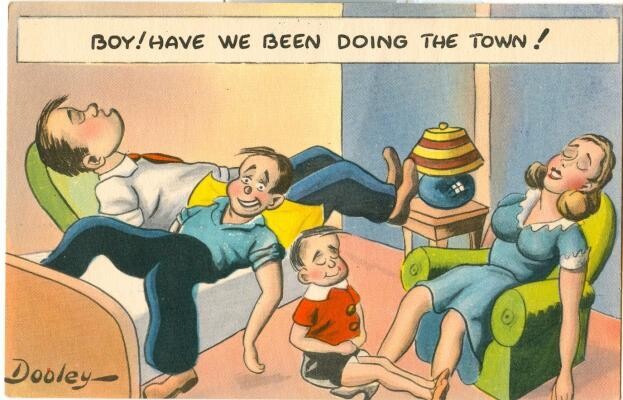 1940s LINEN Postcard: Boy! Have we been doing the town! - Dooley