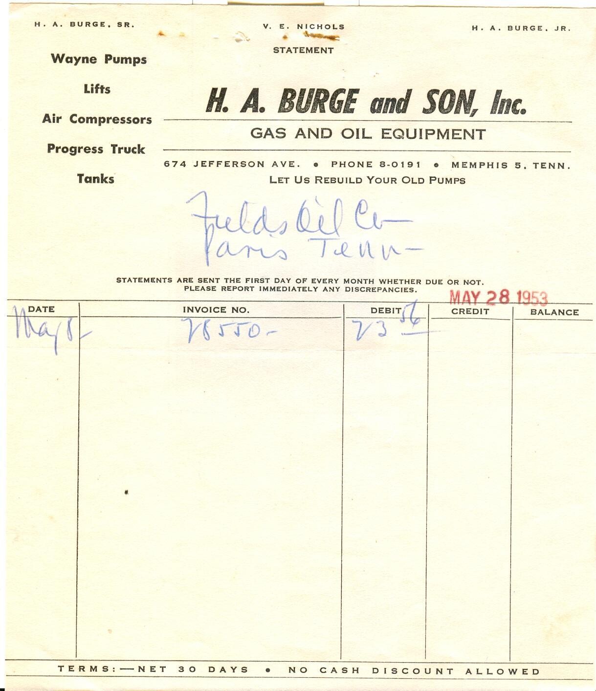 H.A. Burge and Son, Inc. Gas and Oil Equipment Memphis TN Statement May 28, 1953