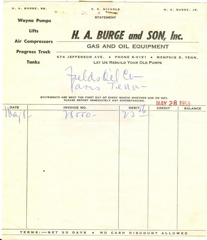 H.A. Burge and Son, Inc. Gas and Oil Equipment Memphis TN Statement May 28, 1953