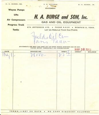 H.A. Burge and Son, Inc. Gas and Oil Equipment Memphis TN Statement May 28, 1953