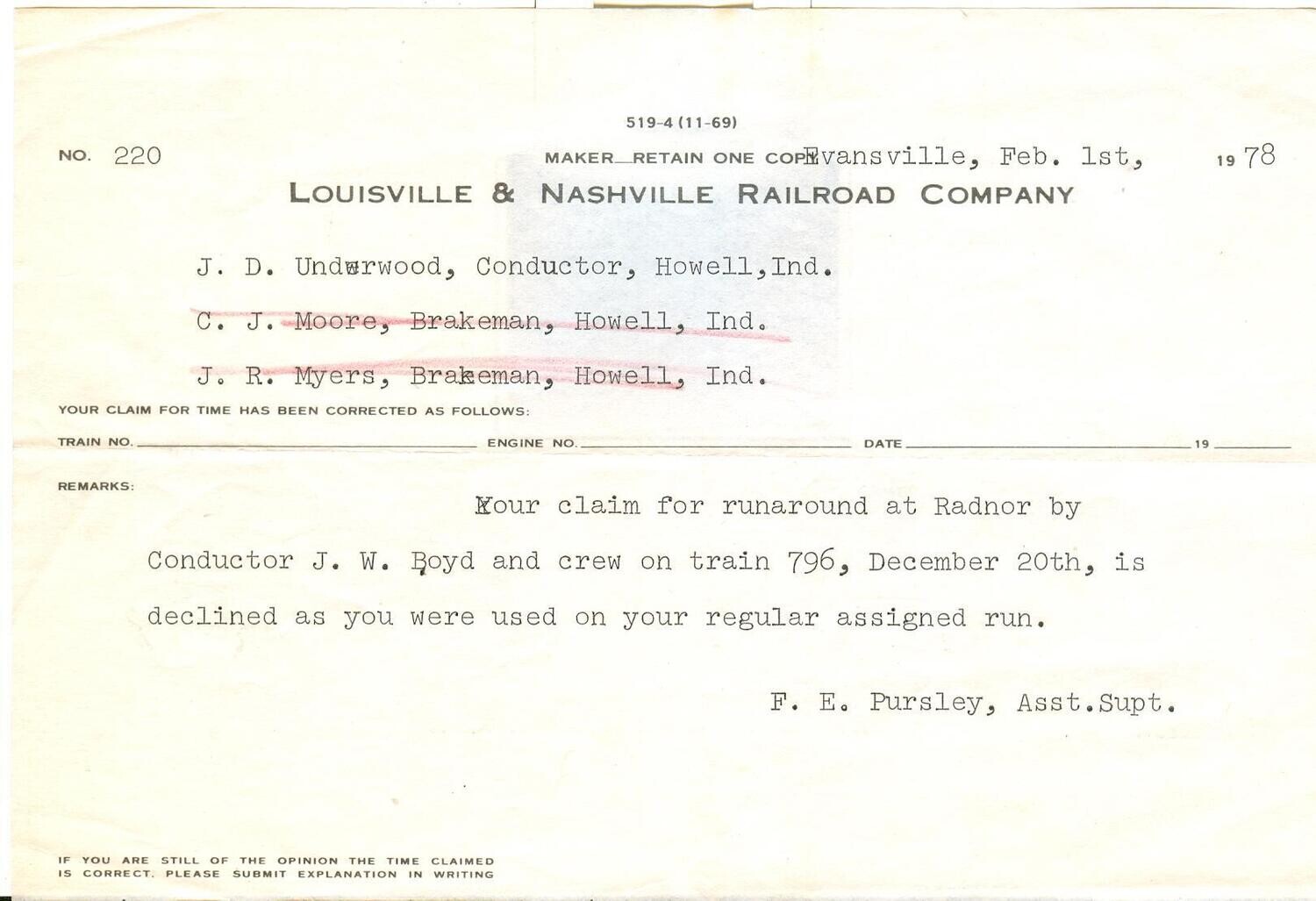 Louisville &amp; Nashville Railroad Company - claim form 519-4 (11-69) Feb. 1, 1978