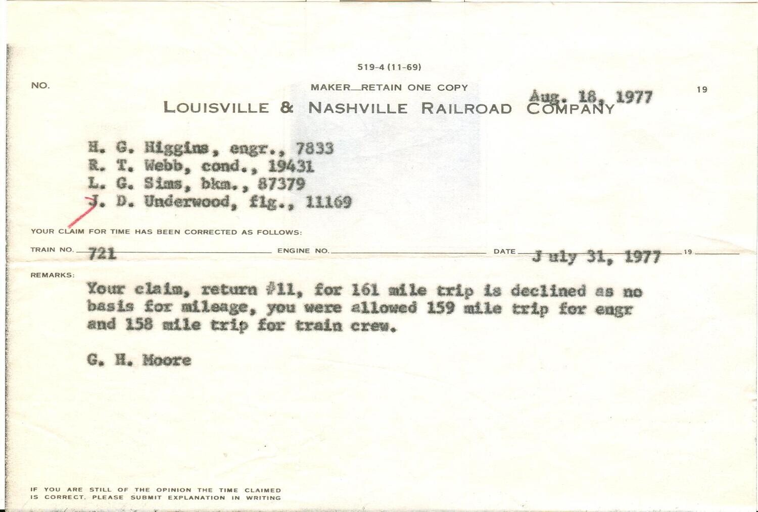 Louisville &amp; Nashville Railroad Company - claim form 519-4 (11-69) Aug. 18, 1977