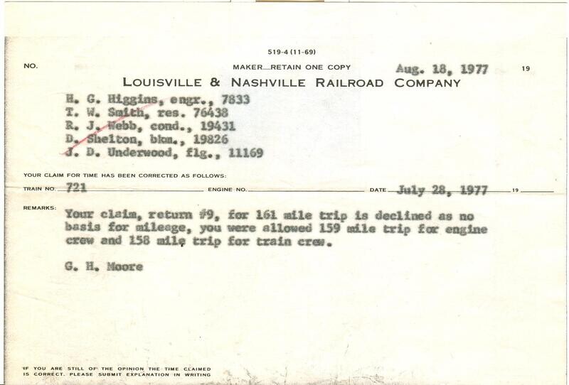 Louisville &amp; Nashville Railroad Company - claim form 519-4 (11-69) train 721