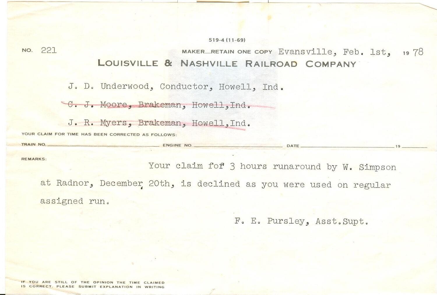 Louisville &amp; Nashville Railroad Company - claim form 519-4 (11-69) Radnor run