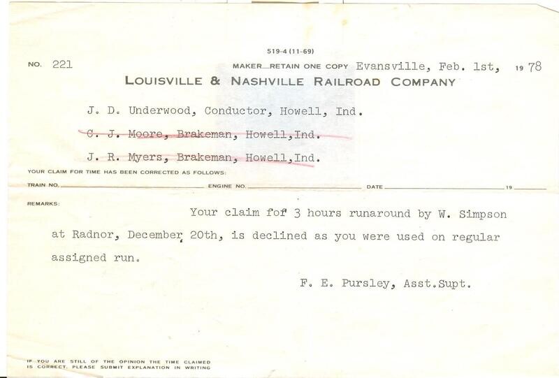 Louisville &amp; Nashville Railroad Company - claim form 519-4 (11-69) Radnor run