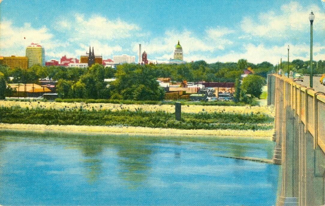 Skyline of Topeka from the Kansas River Bridge 1952 CHROME postcard