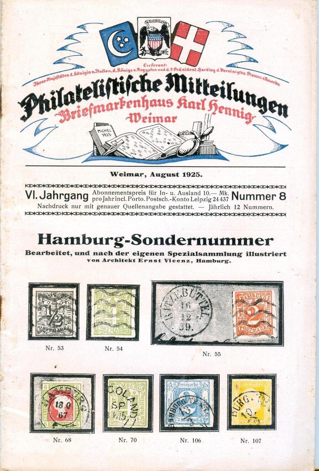 Philatelistische Mitteilungen, Briefmarkenhaus Karl Hennig, Weimar, August 1925