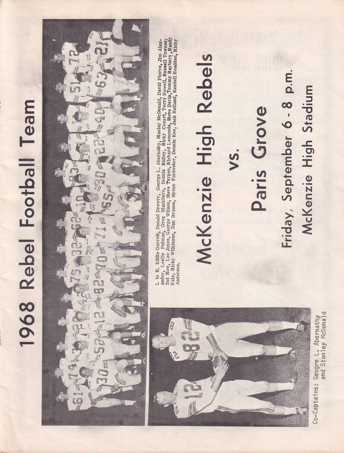 1968 McKenzie High Rebels vs. Paris Grove Football program - Tennessee