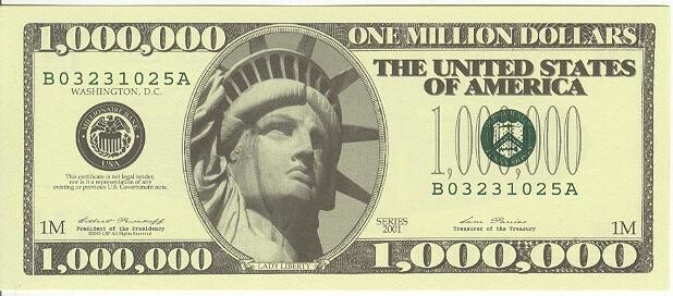 U.S. Million Dollar Bill - Lady Liberty series 2001, Serial number B03231025A