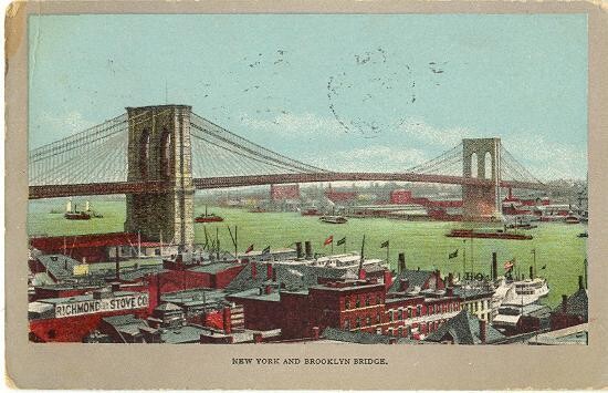 1909 - #3014 New York and Brooklyn Bridge, color tinted vintage postcard