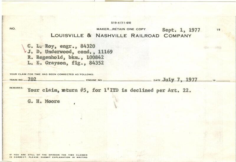 Louisville &amp; Nashville Railroad Company - claim form 519-4 (11-69) train 702