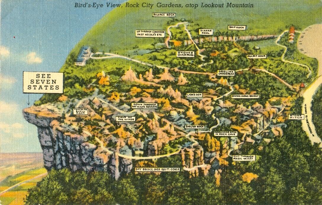 1947 Linen Postcard - Bird&#39;s Eye View, Rock City Gardens, atop Lookout Mountain