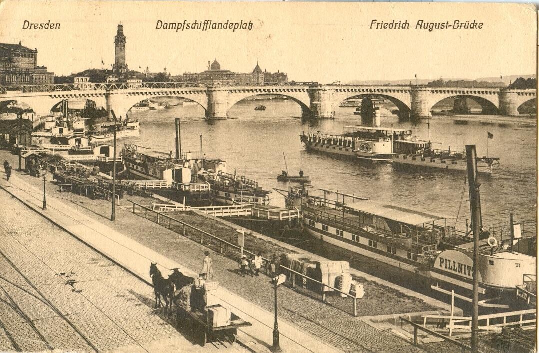 1911 LITHO postcard - Steamboat landing and Friedrich August Bridge, Dresden