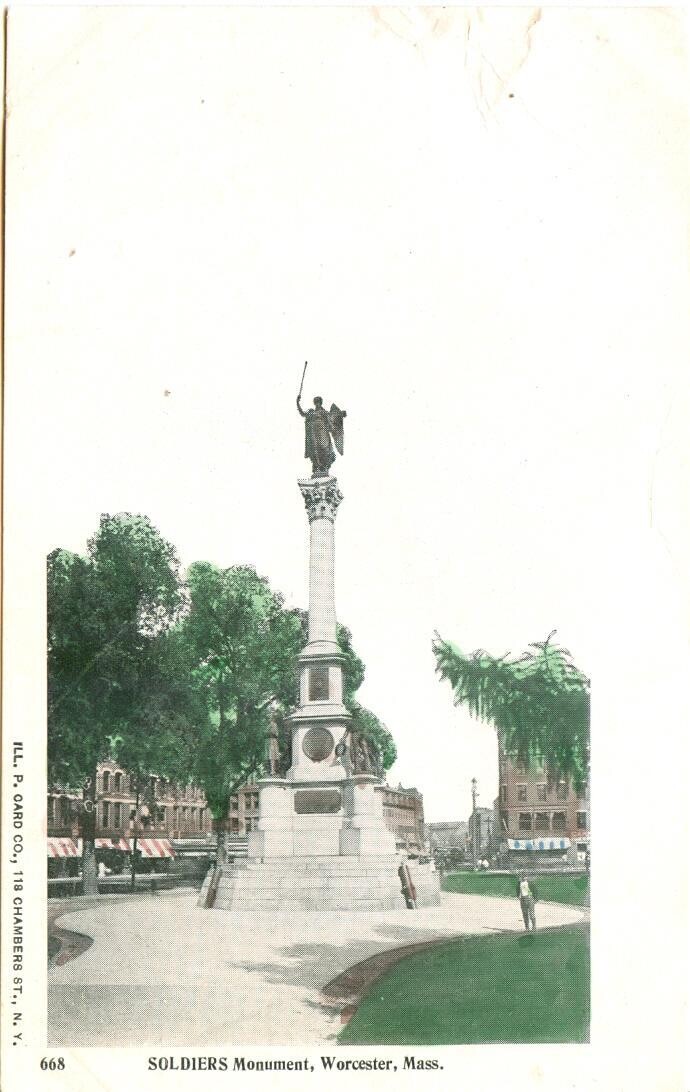 c. 1900 LITHO postcard - Soldiers Monument, Worcester, Mass.