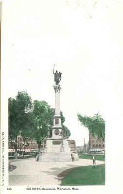 c. 1900 LITHO postcard - Soldiers Monument, Worcester, Mass.