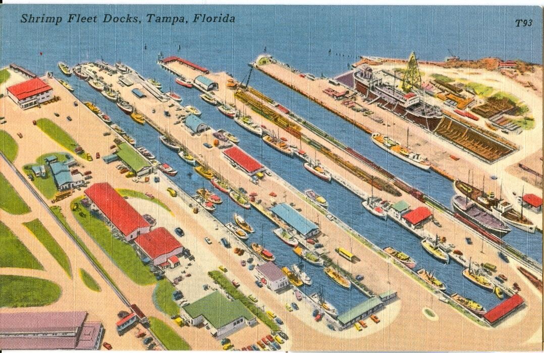 1950s LINEN postcard - Shrimp Fleet Docks, Tampa, Florida., T93, Tichnor #88216