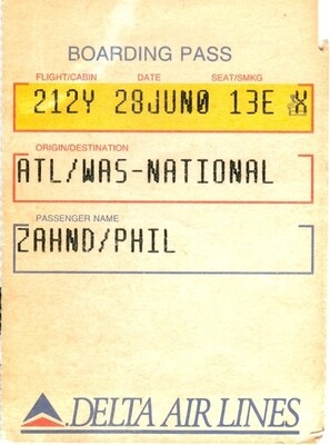 Vintage Delta Air Lines Boarding Pass, Atlanta to Washington National Flight 212