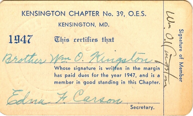 Order of the Eastern Star - 1947 Kensington Maryland membership card