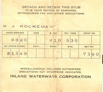 Inland Waterways Corporation - original pay stub dated August 15, 1948