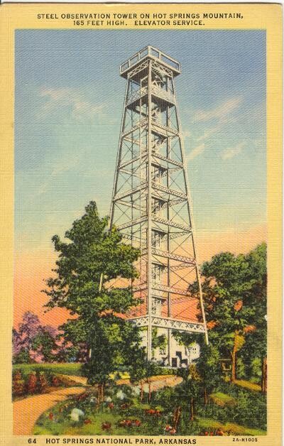 1932 Linen Postcard: Steel Observation Tower on Hot Springs Mountain