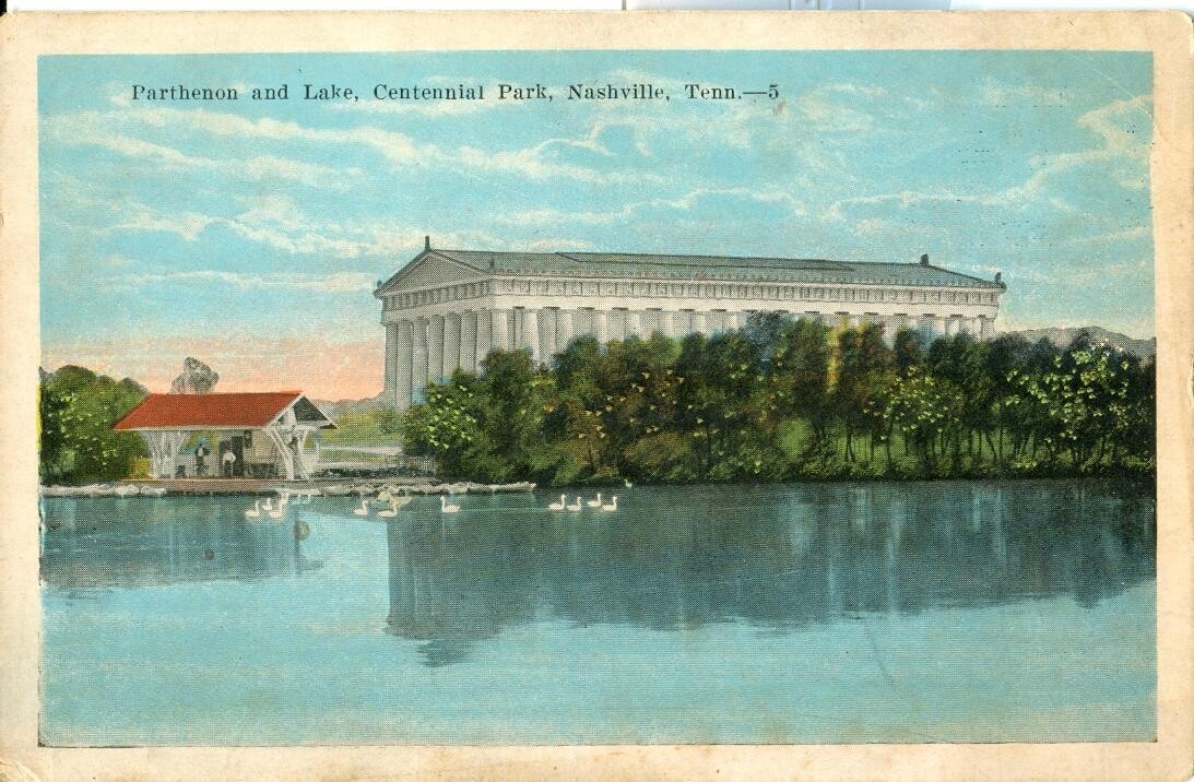 Parthenon and Lake Watauga, Centennial Park, Nashville, Tennessee, litho 1900s