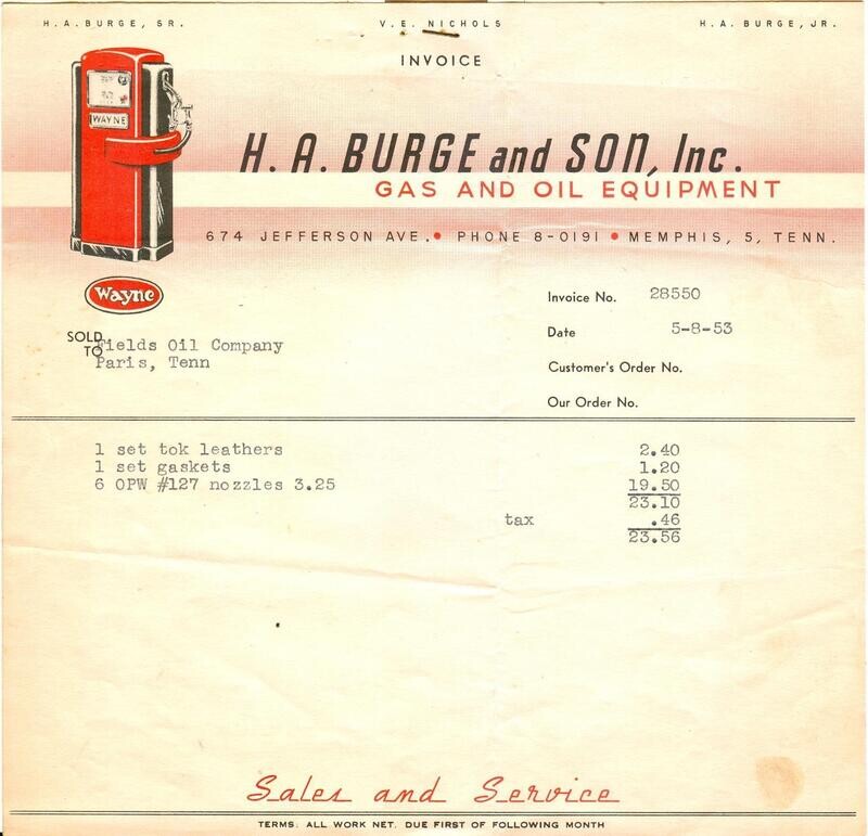 H.A. Burge and Son, Inc. Gas and Oil Equipment, Memphis TN Invoice #28550 - 1953