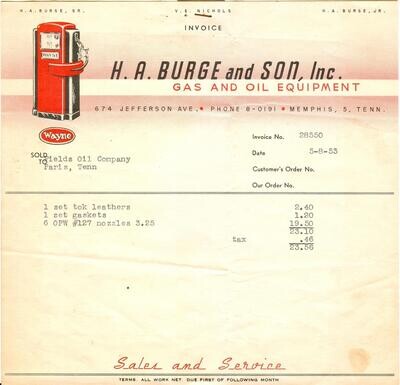 H.A. Burge and Son, Inc. Gas and Oil Equipment, Memphis TN Invoice #28550 - 1953