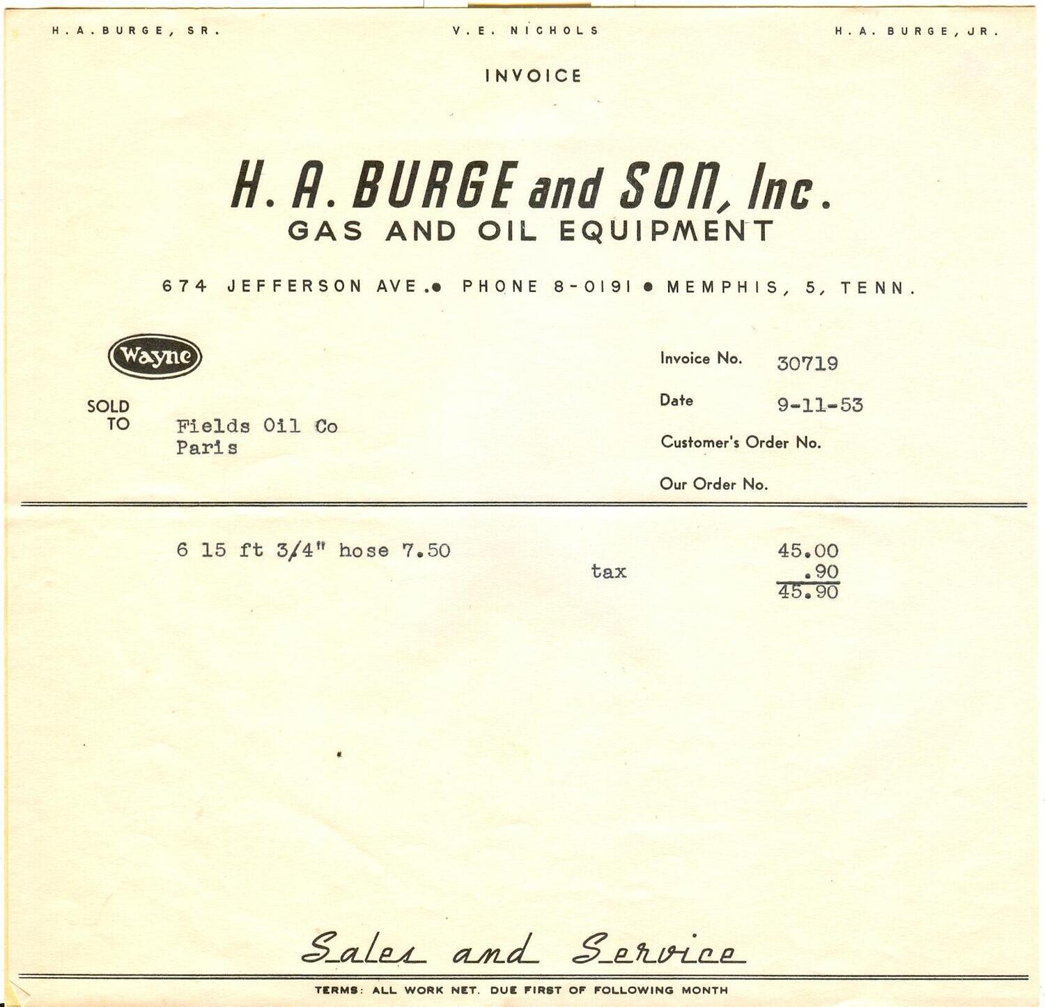 H.A. Burge and Son, Inc. Gas and Oil Equipment, Memphis TN Invoice #30719 - 1953