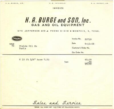 H.A. Burge and Son, Inc. Gas and Oil Equipment, Memphis TN Invoice #30719 - 1953