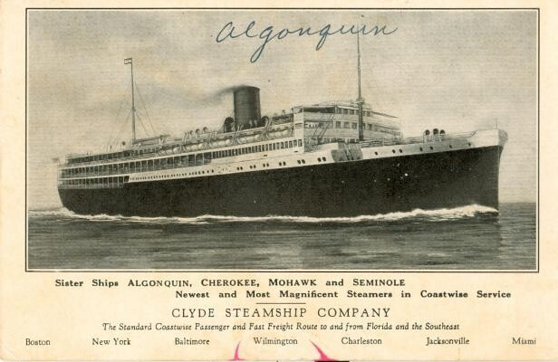c. 1930 - Clyde Steamship Company - steamer Algonquin - litho postcard