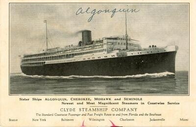 c. 1930 - Clyde Steamship Company - steamer Algonquin - litho postcard