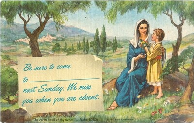 LINEN: Church attendance postcard No. 504, circa 1940s - unused, Abingdon Press