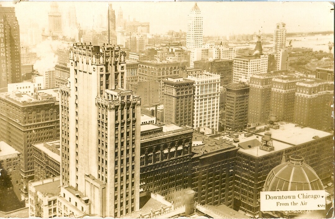 Real Photo: Downtown Chicago from the Air - circa 1940, vintage postcard