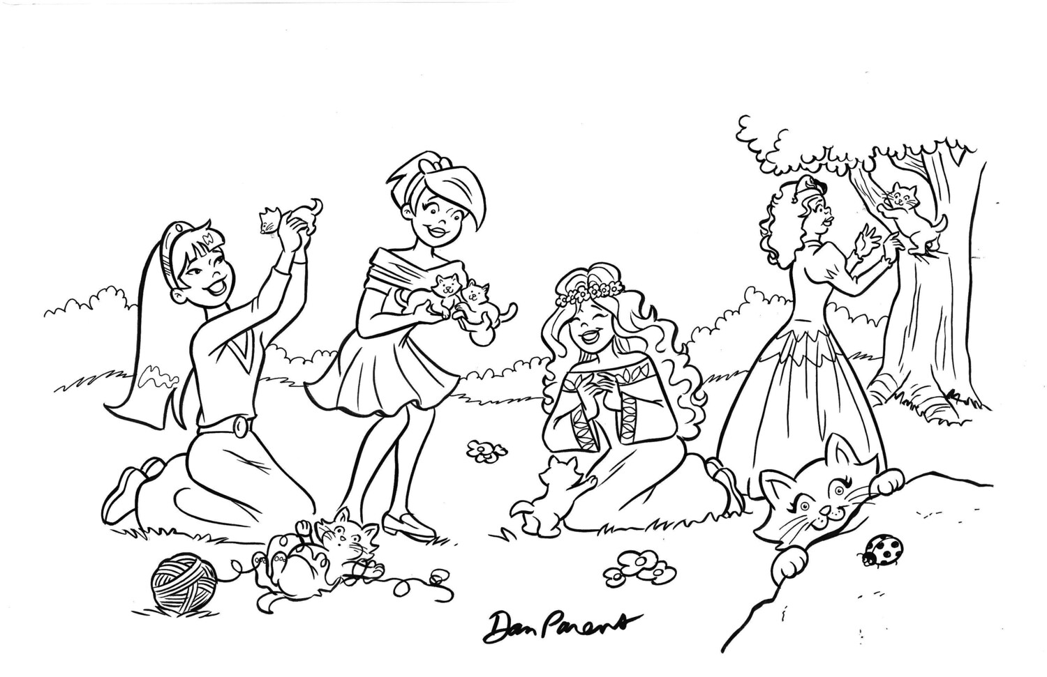 Girls and kittens - Dan Parent splash page 11x17 original Archie style comic art