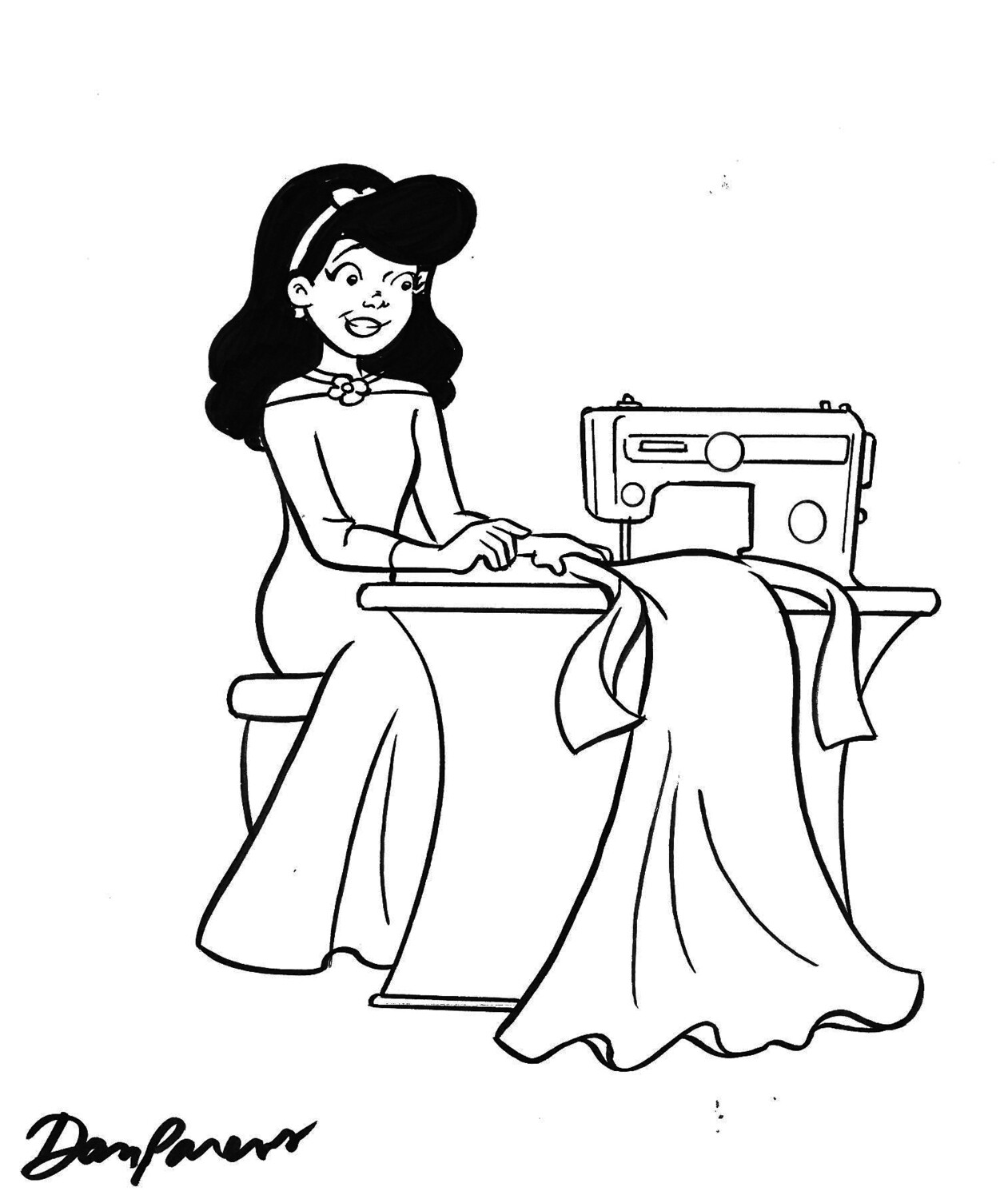 Super-cute teen princess sewing by Dan Parent, 8½ x 13 original Archie style art