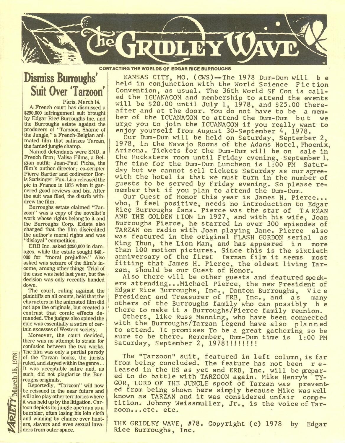 The Gridley Wave #78 - 1978 - Edgar Rice Burroughs fanzine - 1978 Dum-Dum