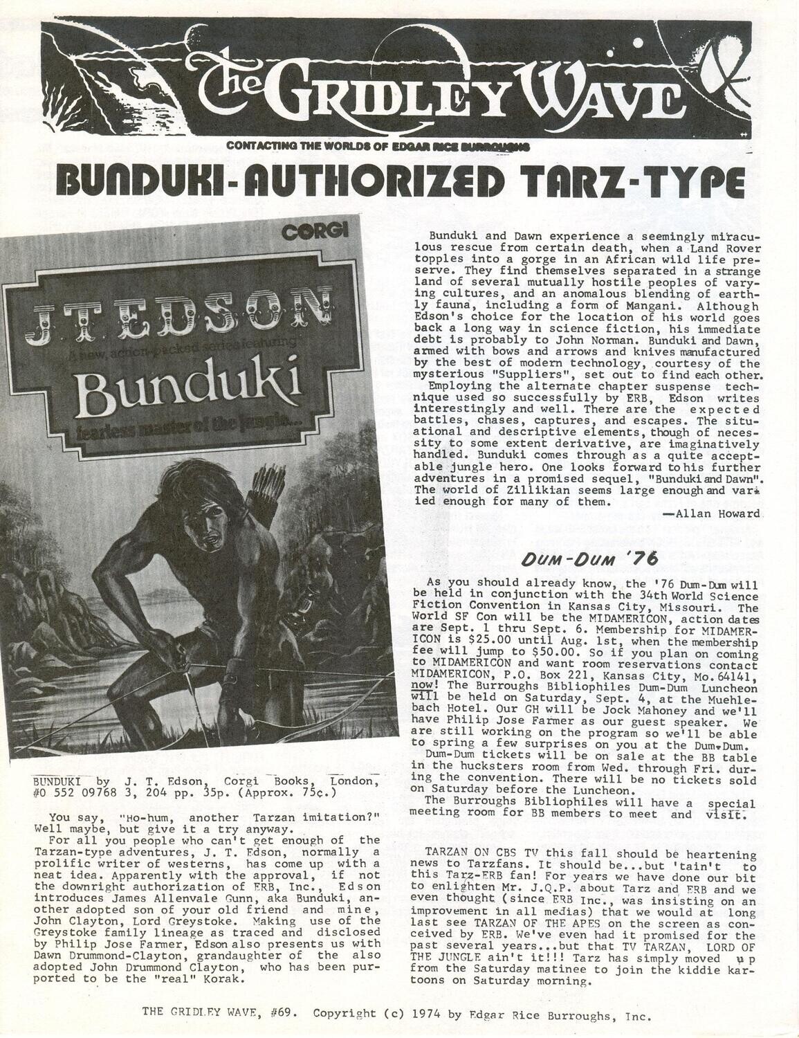 The Gridley Wave #69 - 1976 - Edgar Rice Burroughs fanzine - Bunduki