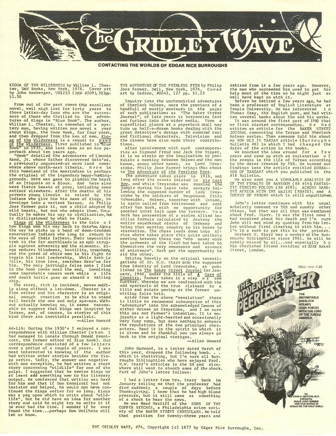 The Gridley Wave #74 - 1977 - Edgar Rice Burroughs fanzine - Philip Jose Farmer