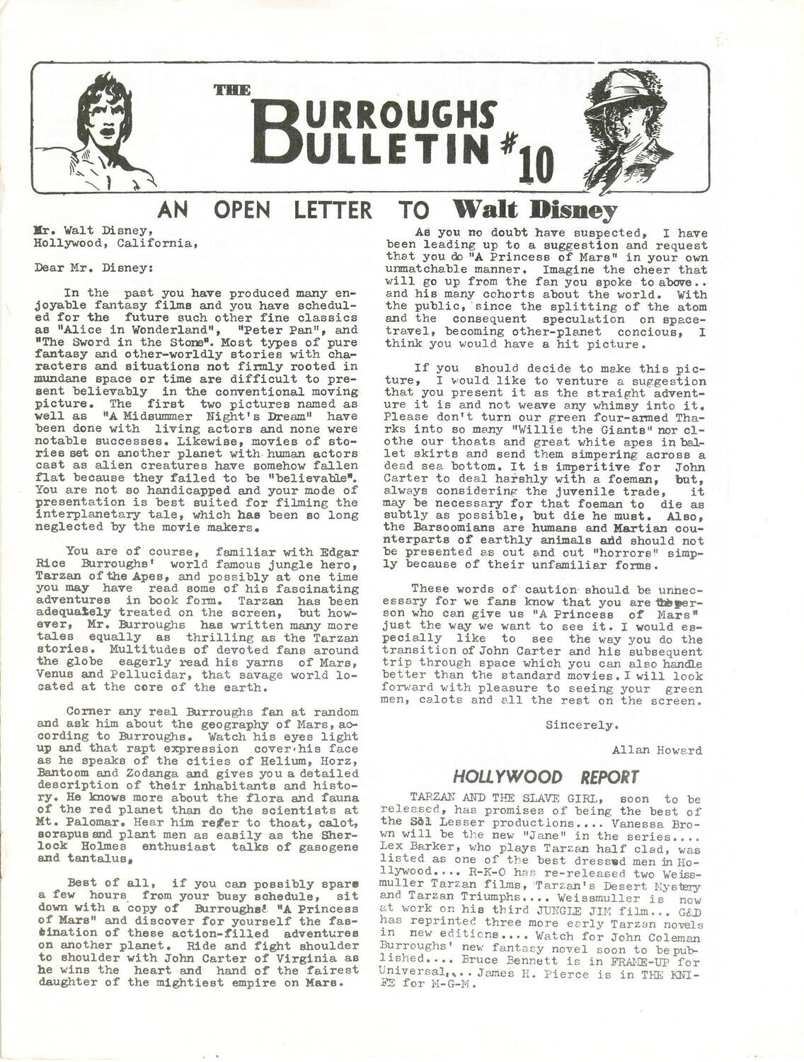 Burroughs Bulletin #10 (original series), mid-1950s - Open letter to Walt Disney