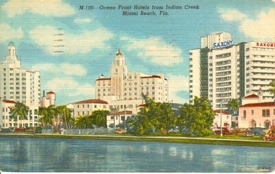 1953 Linen Postcard: Miami Beach, Fla. Ocean Front Hotels M-100, Curteich