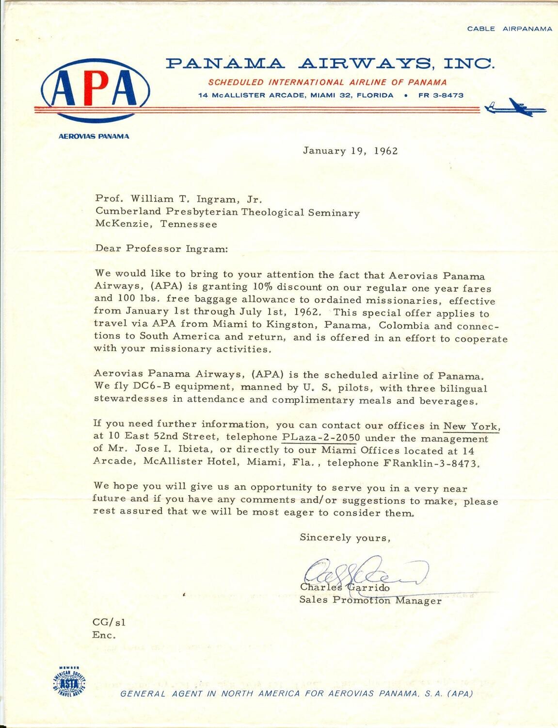 Aerovias Panama Airways - promotional letter, January 19, 1962